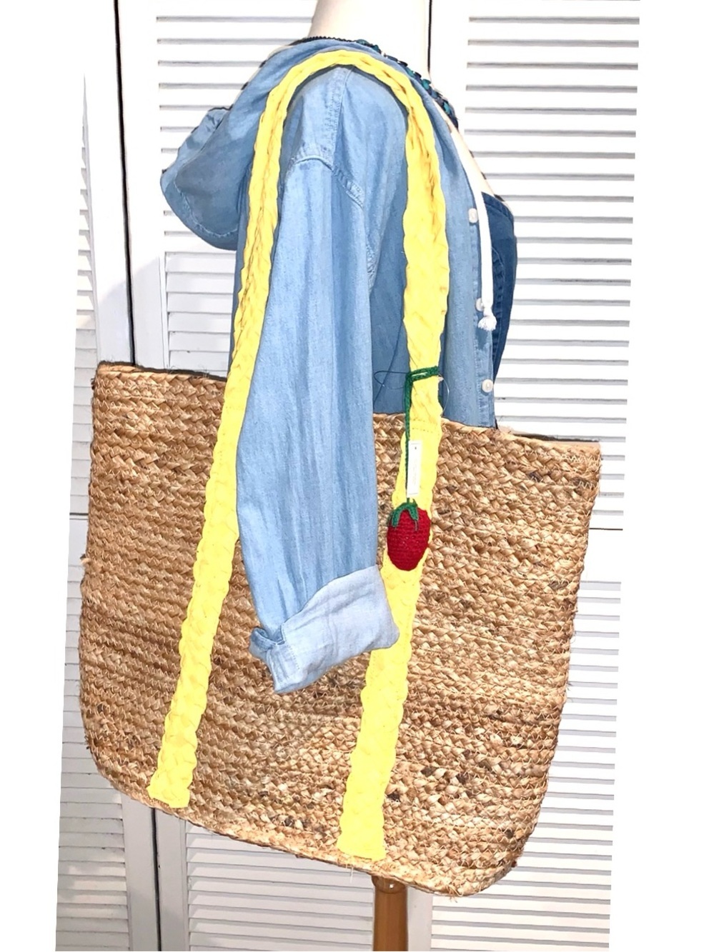 Beach Straw Tote Bag with strawberry tassels and yellow braided handles